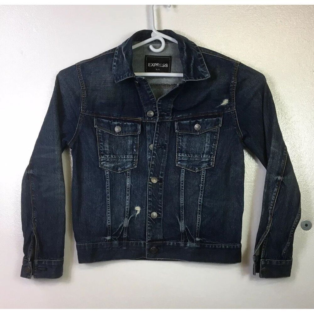 Express Denim‎ Jean Jacket Womens Size L Distressed Faded Button Up Western